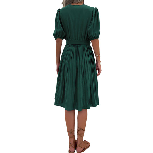 YESFASHION Women Summer Tie V-neck Pleated Dress