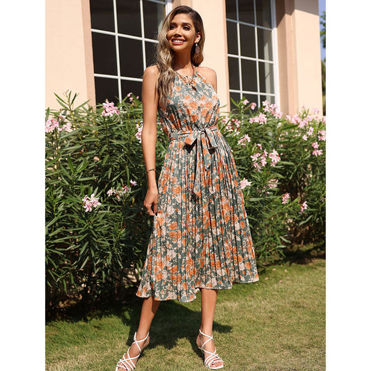 YESFASHION Suspender Straps Halter Neck Pleated Print Dress