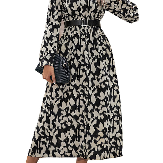 YESFASHION Women Long-sleeved Half-high Collar Printed Dress