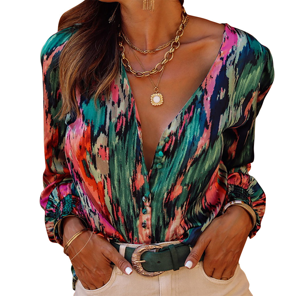 YESFASHION Multi-color V-neck Abstract Print Long-sleeved Tops