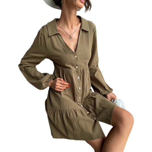 YESFASHION Women New Lapel Pleated Solid Color Short Dress