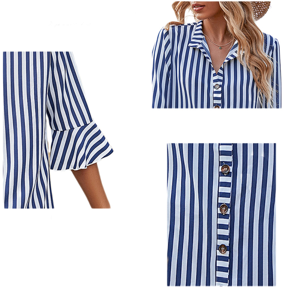 YESFASHION New Single-breasted Striped Mid-length Blue Dress