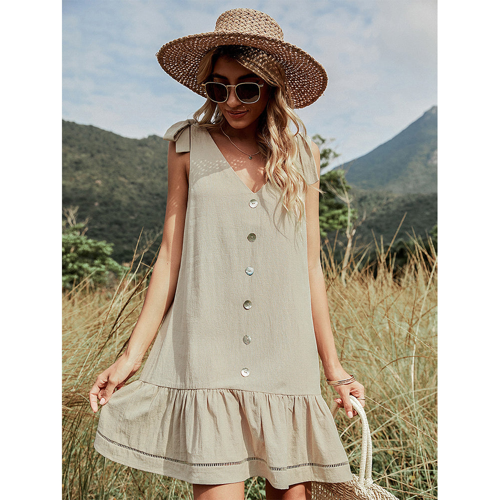 YESFASHION Button Vest Strappy Bowknot Backless Dress