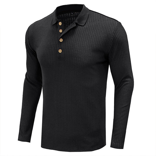 YESFASHION Lapel Long Sleeve Solid Color Polo Shirt