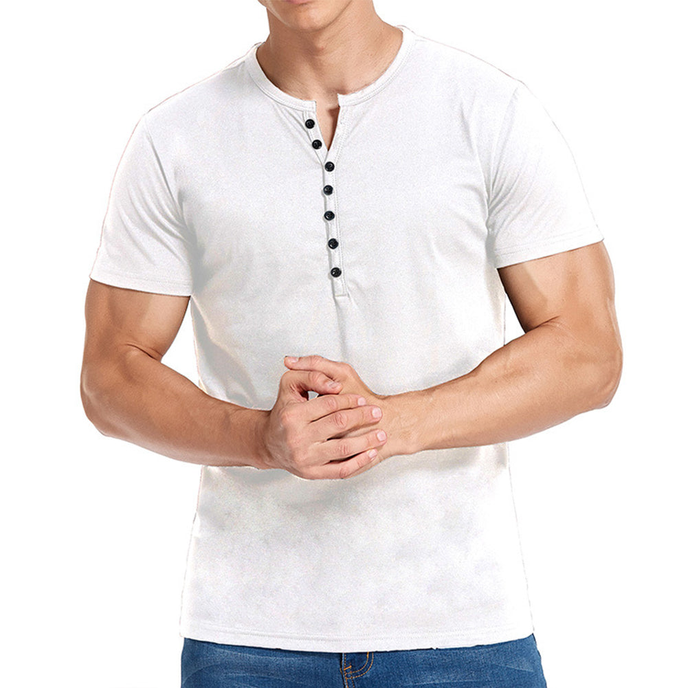 YESFASHION Solid Color Henley Short Sleeve Men T-shirt