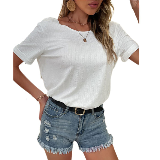 YESFASHION Women Tops Solid Color Short-sleeved Shirt