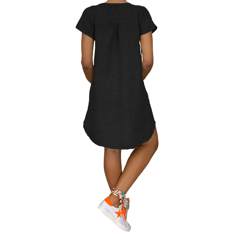 YESFASHION Solid Color Short-sleeved V-neck Cotton Dress