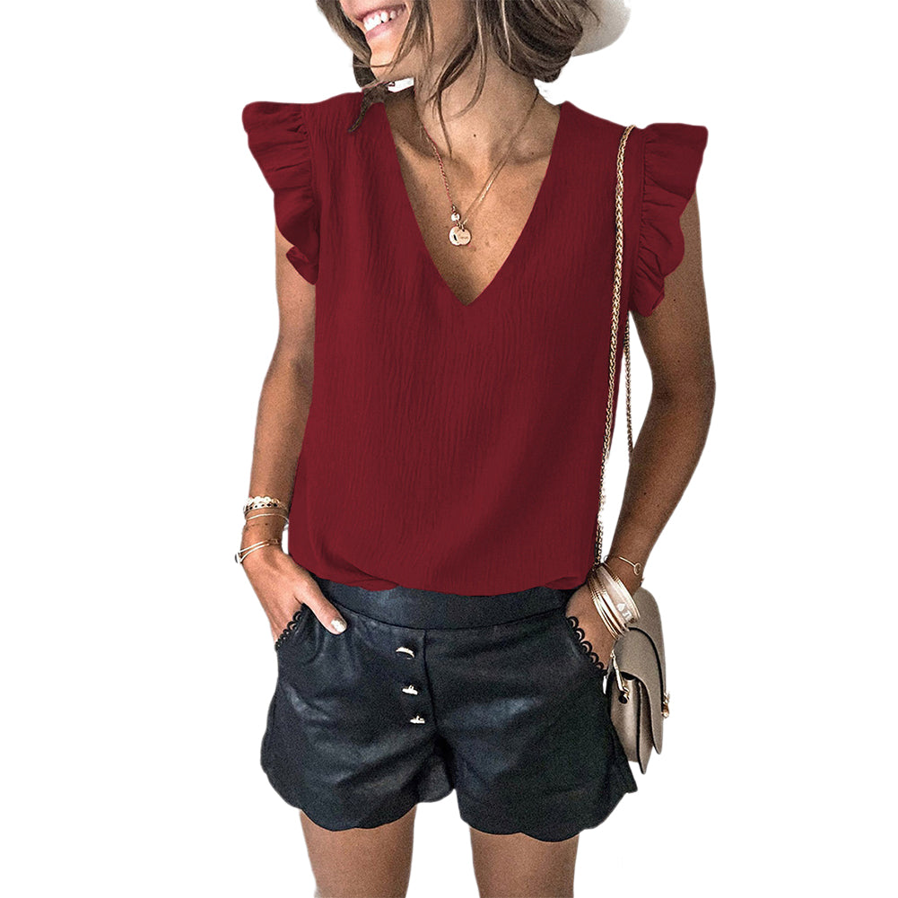 YESFASHION Solid Color V-neck Pullover Ruffled Sleeve Tops