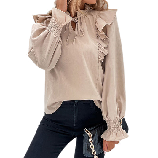 YESFASHION 2023 Spring Tops Ruffled Long-sleeved Solid Color Shirt