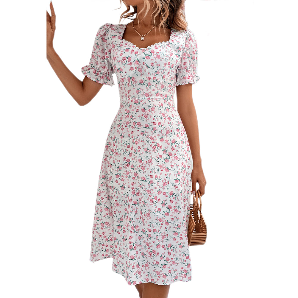 YESFASHION Women Body-fitting Fluffy Sleeve Floral Dress
