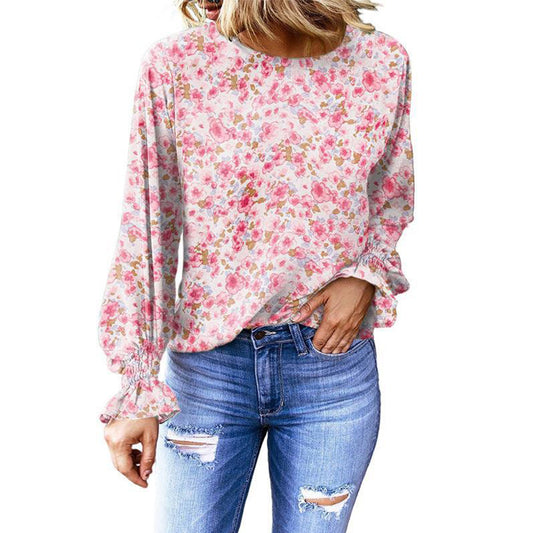 YESFASHION Floral Round Neck Shirt Women Balloon Sleeve Tops