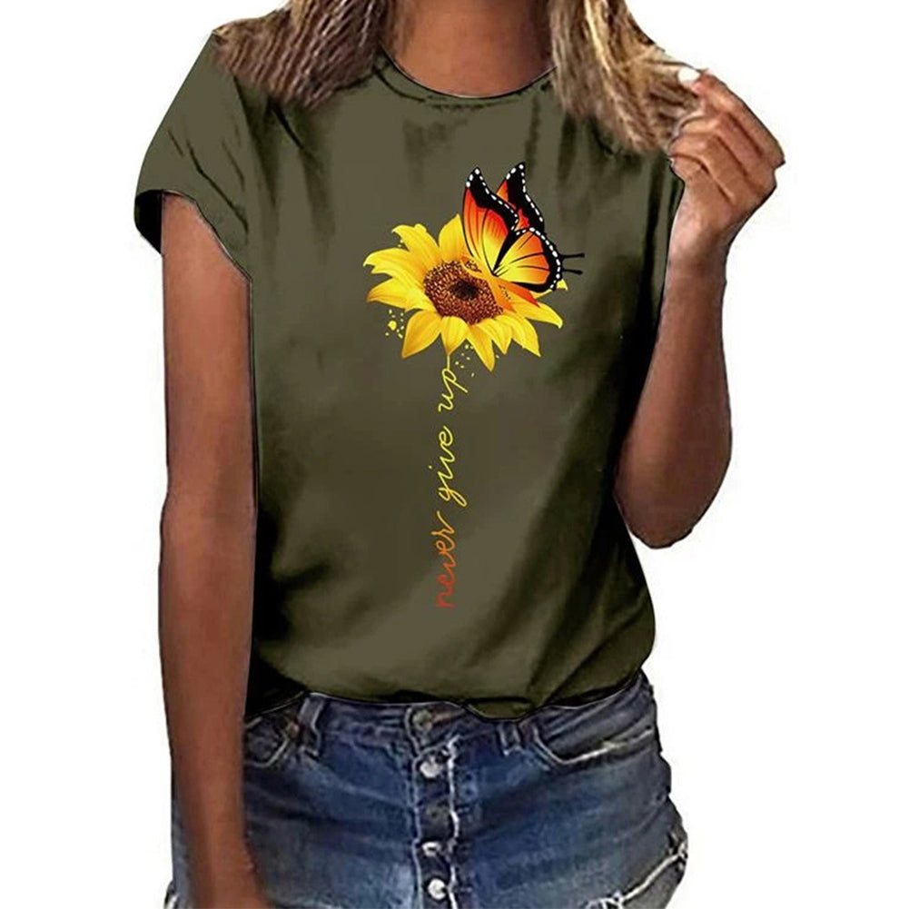 YESFASHION Sunflower Print Short-sleeved Tops Casual T-shirt