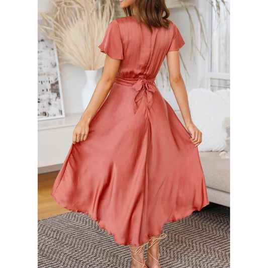 YESFASHION Women Short-sleeved V-neck Irregular Skirt Dress