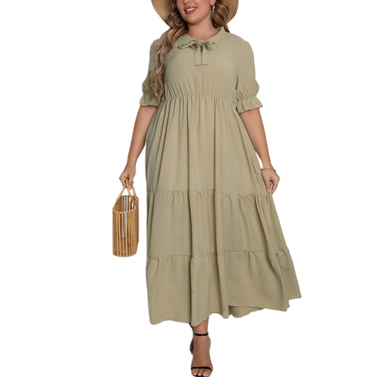 YESFASHION Plus Size Women Summer New Round Neck Short Sleeve Bow Dress