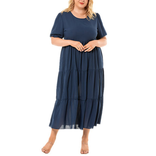 YESFASHION Round Neck Bohemian Plus Size Women Short Sleeve Dress