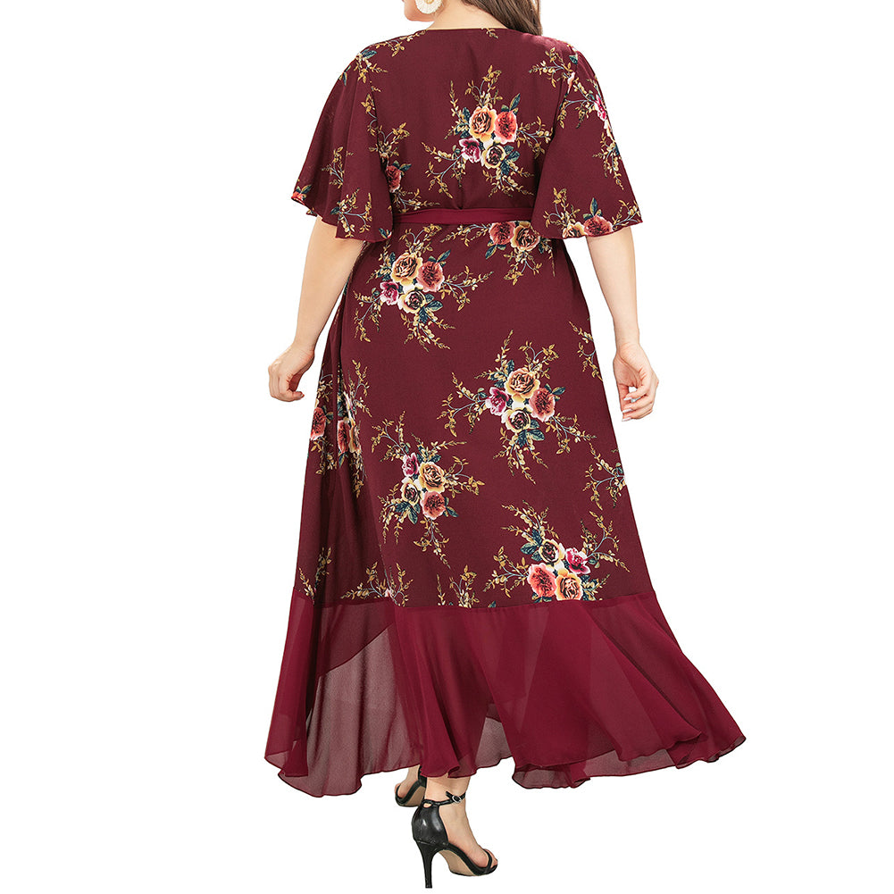 YESFASHION Plus Size Women V-neck Ruffled Irregular Print Dress Long Skirt