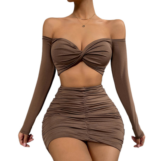 YESFASHION Women Long-sleeved Two-piece Suit Sexy Low-cut Tie-up Skirt