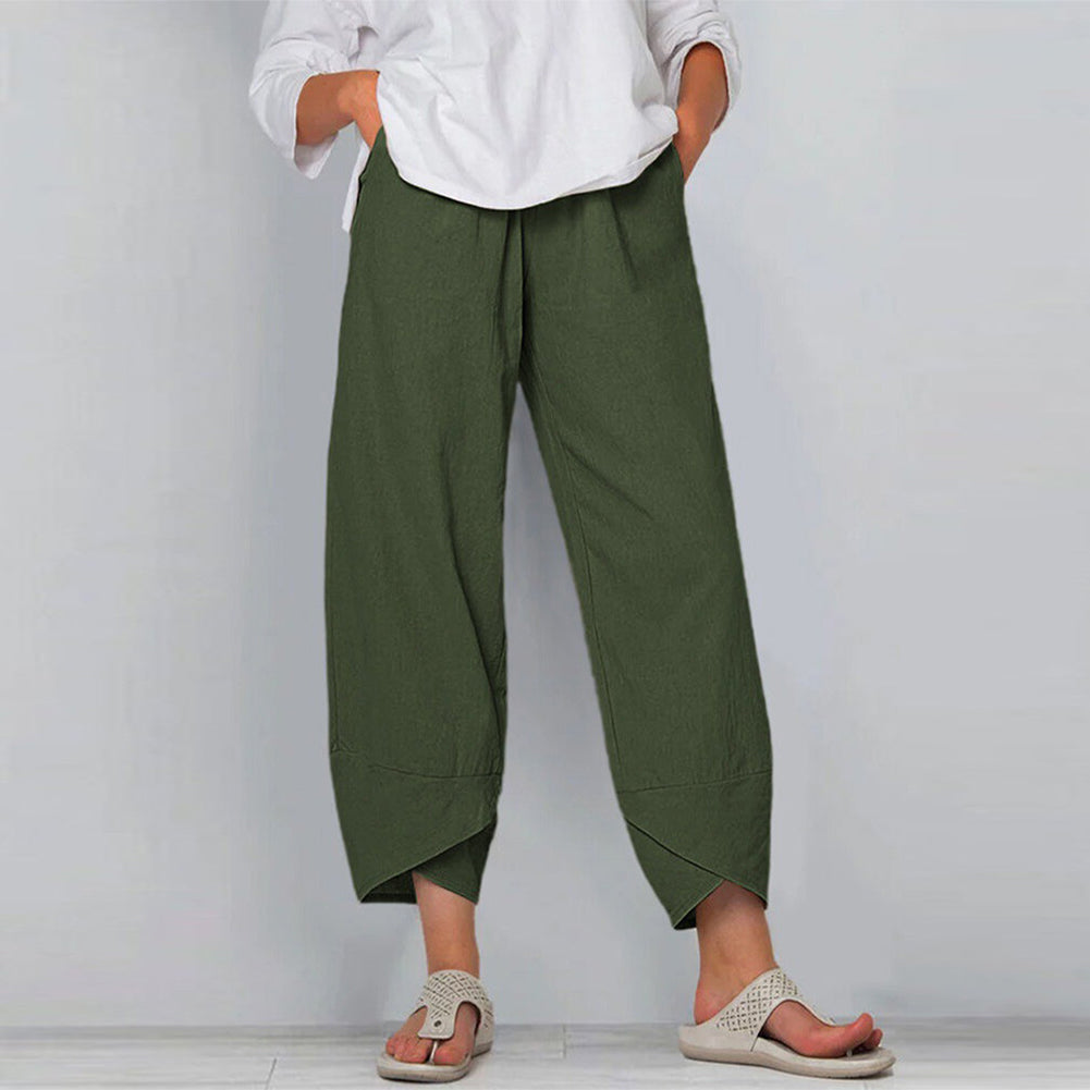 YESFASHION Women Wide-leg Pants Cotton Linen High Waist Pants