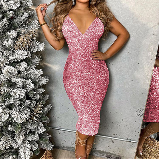 YESFASHION Sequin Sexy V Neck Mid Skirt Dress With V-neck