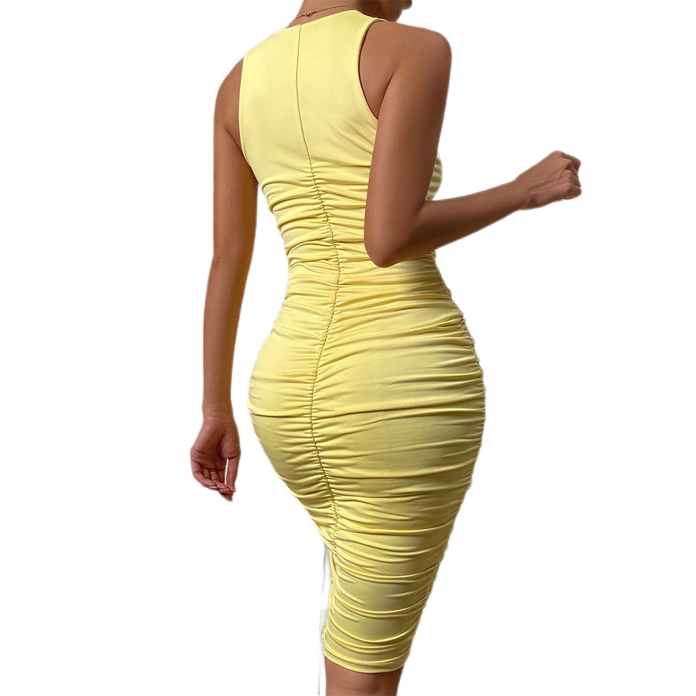 YESFASHION Low-cut Long Slim Sleeveless Pleated Dress