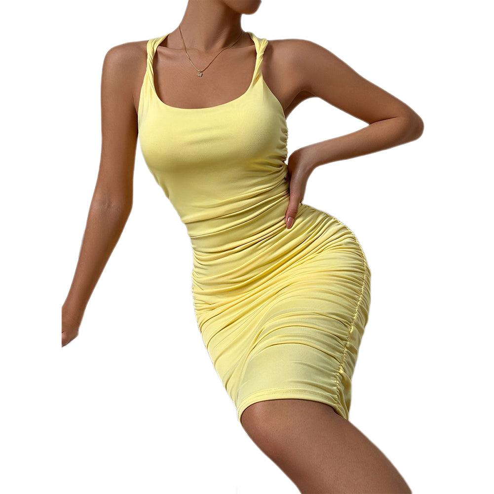 YESFASHION Low-cut Long Slim Sleeveless Pleated Dress