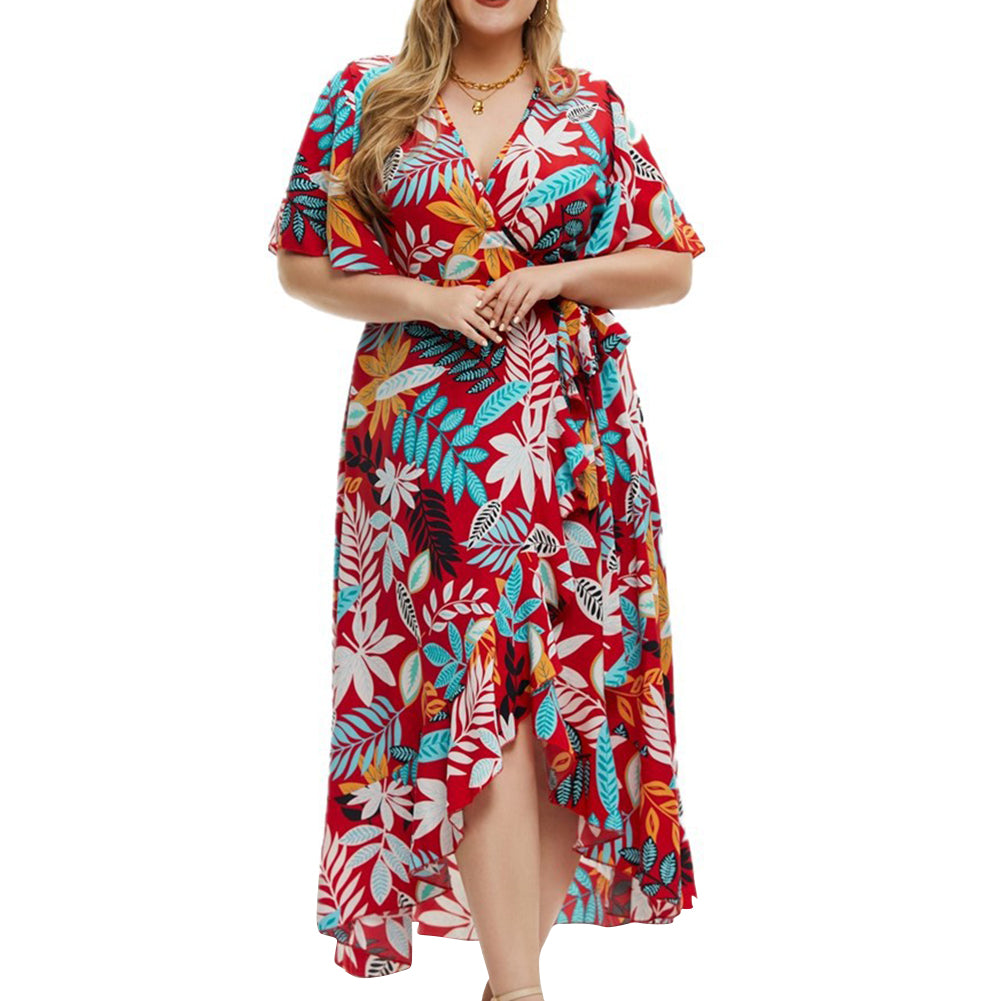 YESFASHION Women Short Sleeve Resort Style Printed Wrap Dress