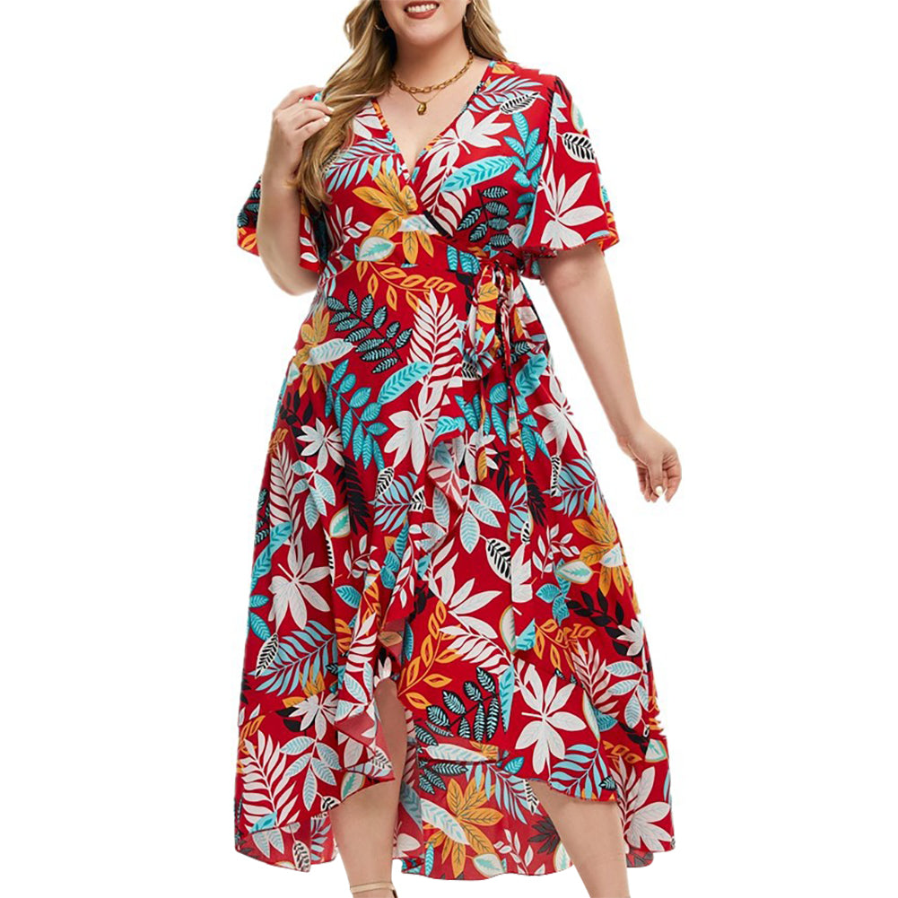 YESFASHION Women Short Sleeve Resort Style Printed Wrap Dress