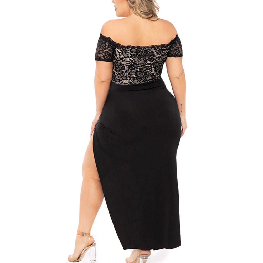 YESFASHION Women Plus Size Slit Hollow Out Lace High Waist Dress