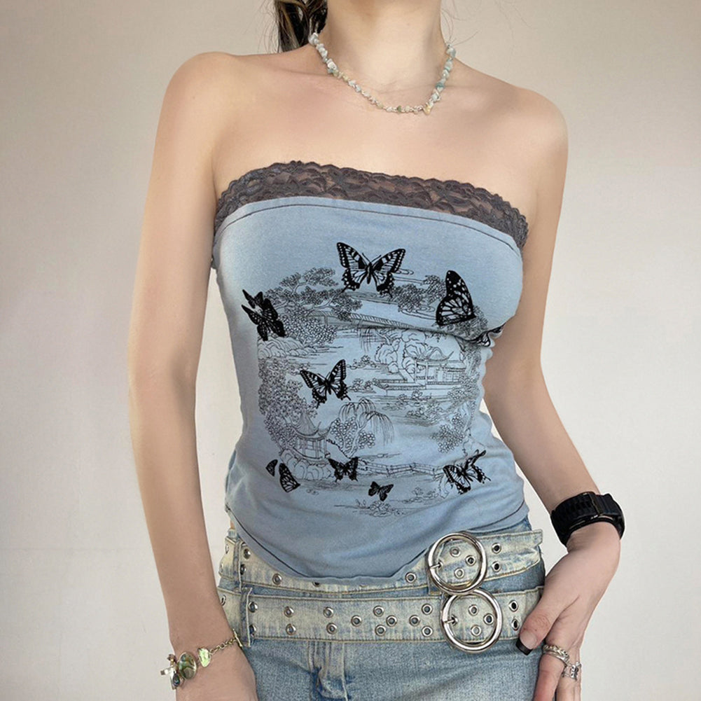 YESFASHION Butterfly Landscape Print Contrast Color Sexy Tops