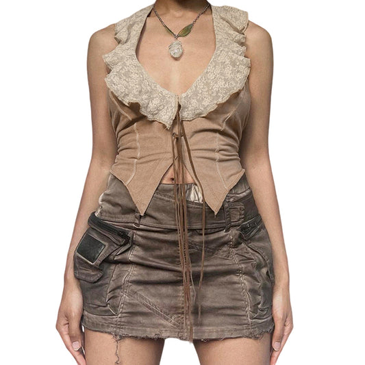 YESFASHION Women Slim Fit Sexy Lace Camisole Retro Halter Neck Tube Tops