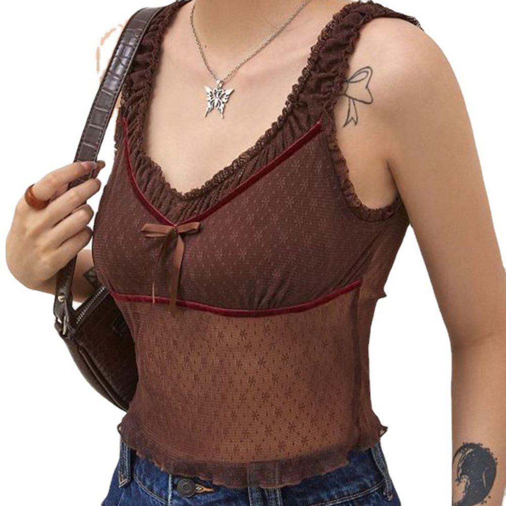 YESFASHION Lace Pleated Bow Vest Sexy V-neck Millennium Hot Girl Tops