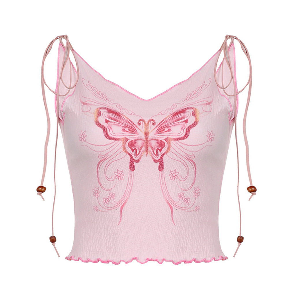 YESFASHION Sweet Butterfly Print Camisole Fresh Ears Slightly Folded Vest Tops