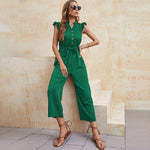 YESFASHION Women V-neck Cropped Jumpsuit Button Pants