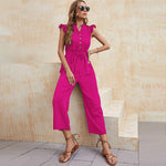 YESFASHION Women V-neck Cropped Jumpsuit Button Pants