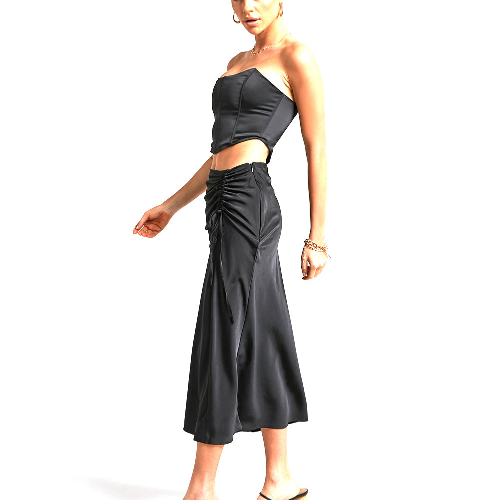 YESFASHION Women Ruched Drawstring Elegant Skirt Dress Pants