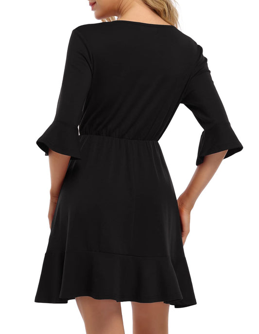 YESFASHION Women's Wrap Flare Skirt Balloon Sleeve Mini Dress