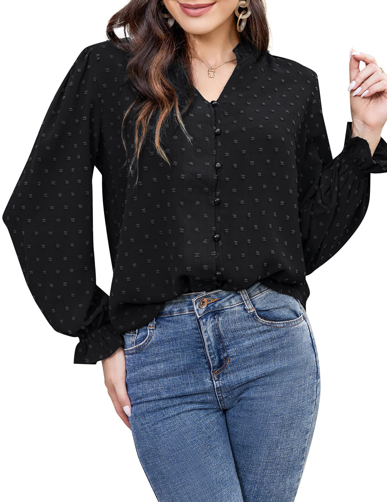 Women's Ruffle V-Neck Polka Dot Shirt