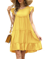 YESFASHION Women's Ruffle Sleeve Round Neck Babydoll Pleated Dress Yellow