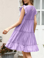 YESFASHION Women's Ruffle Sleeve Round Neck Babydoll Pleated Dress Purple