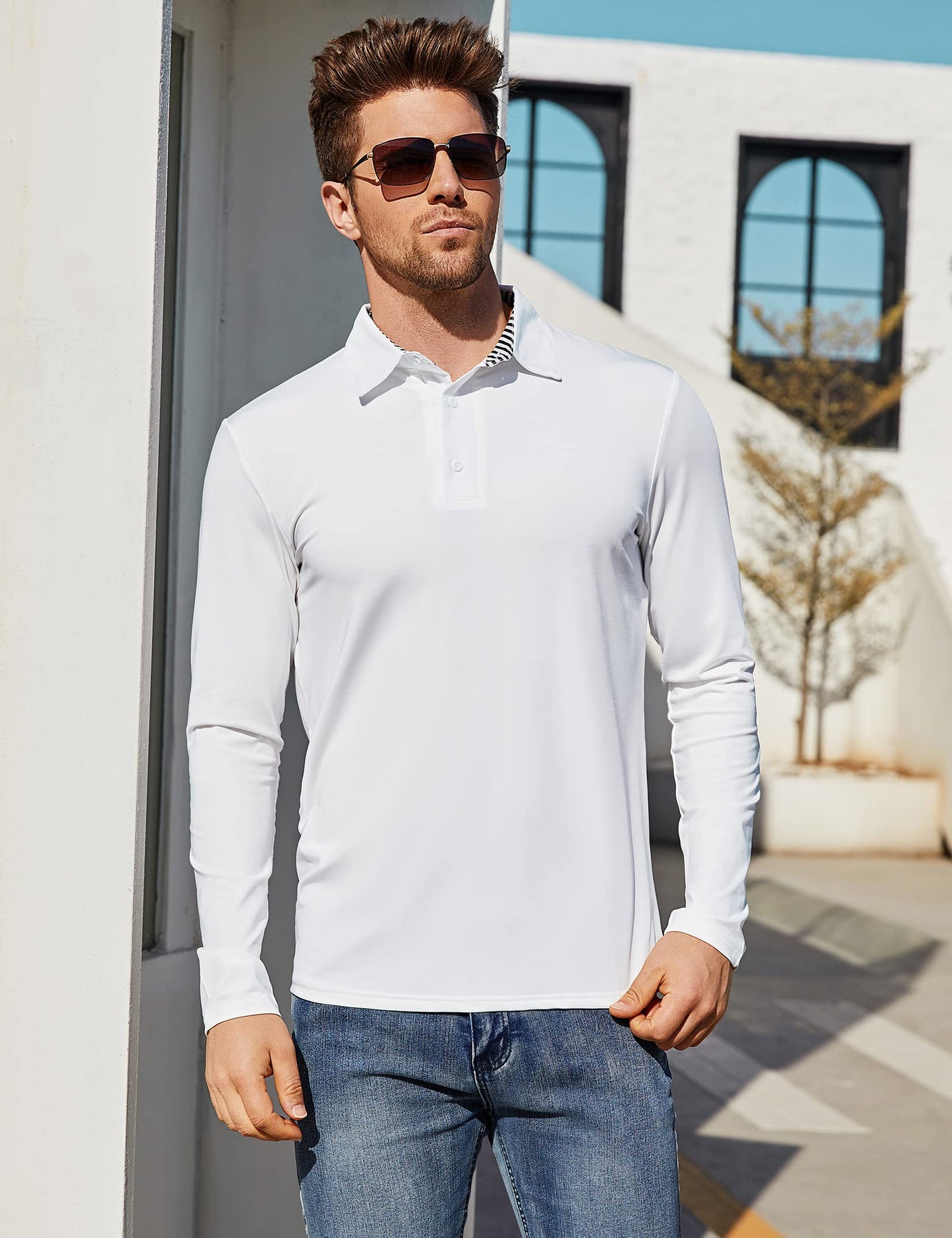 YESFASHION Men's Casual Long Sleeve Collar Slim Button Polo T-Shirt