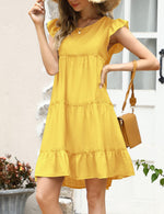 YESFASHION Women's Ruffle Sleeve Round Neck Babydoll Pleated Dress