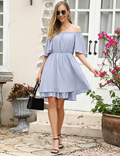 YESFASHION Mesh Fabric Off Shoulder Tunic Mini Dress Light Blue