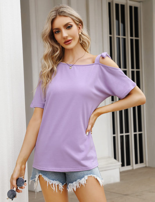 YESFASHION Women's Strapless Bow Tie Solid Color Casual T-Shirt Purple