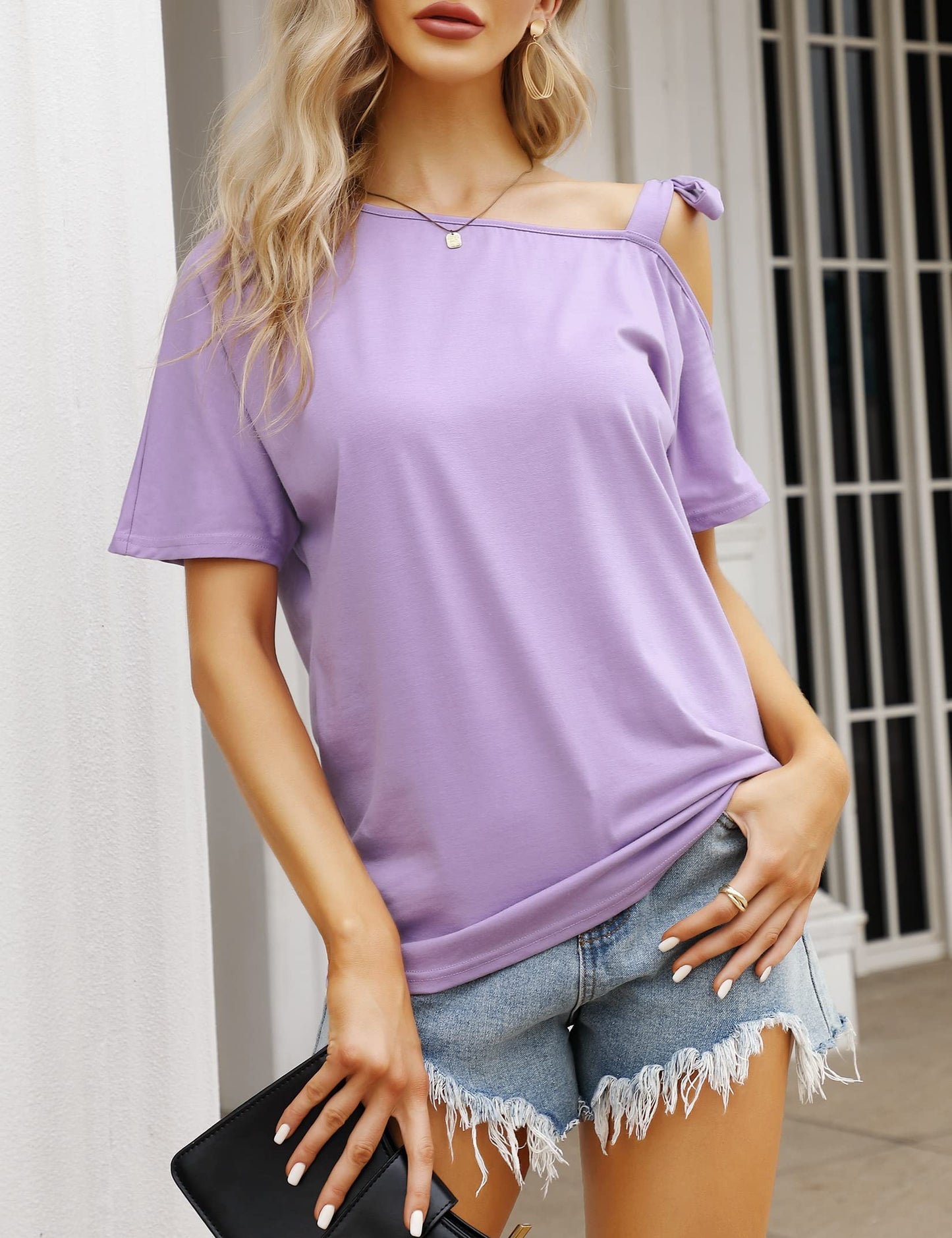 YESFASHION Women's Strapless Bow Tie Solid Color Casual T-Shirt Purple