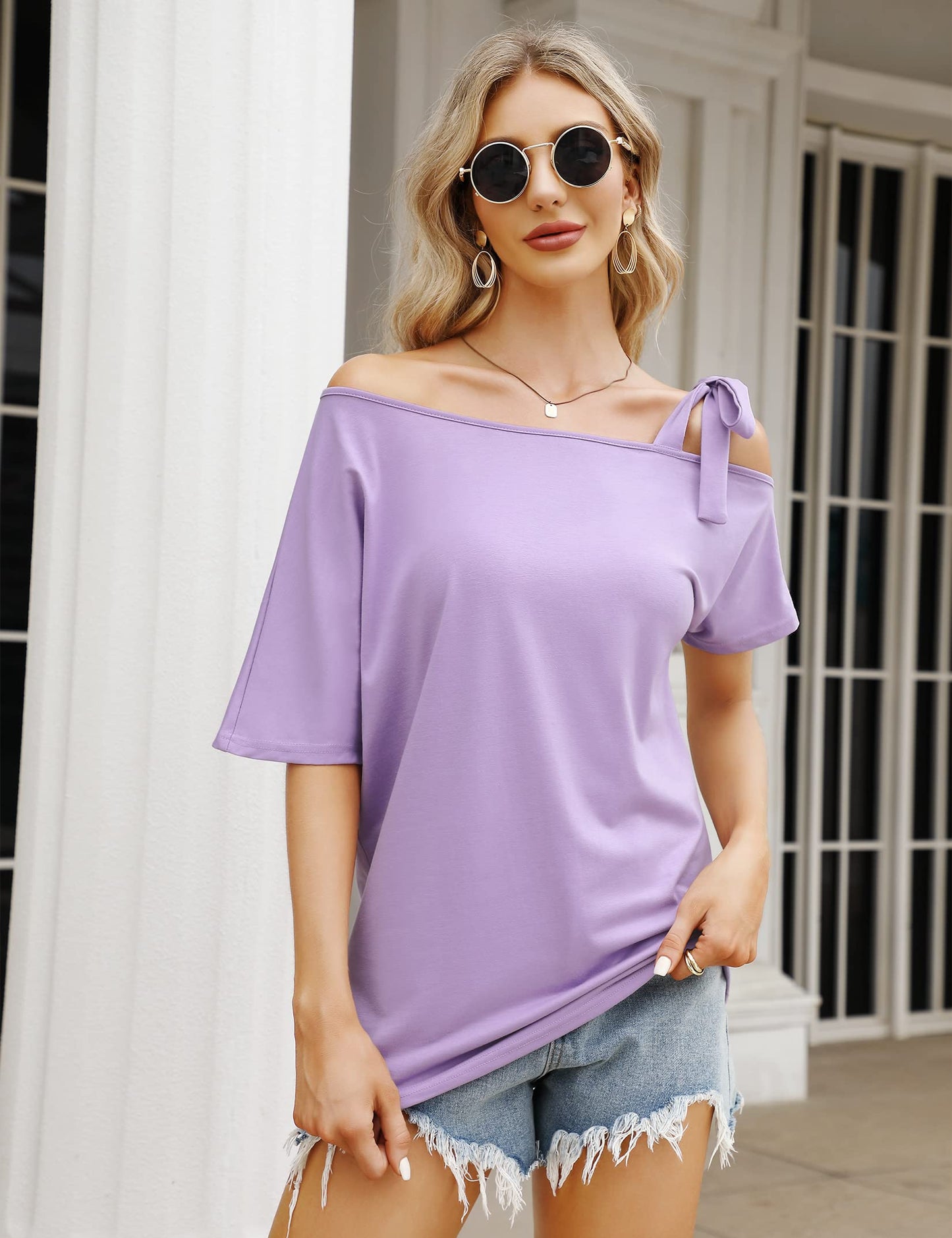 YESFASHION Women's Strapless Bow Tie Solid Color Casual T-Shirt Purple