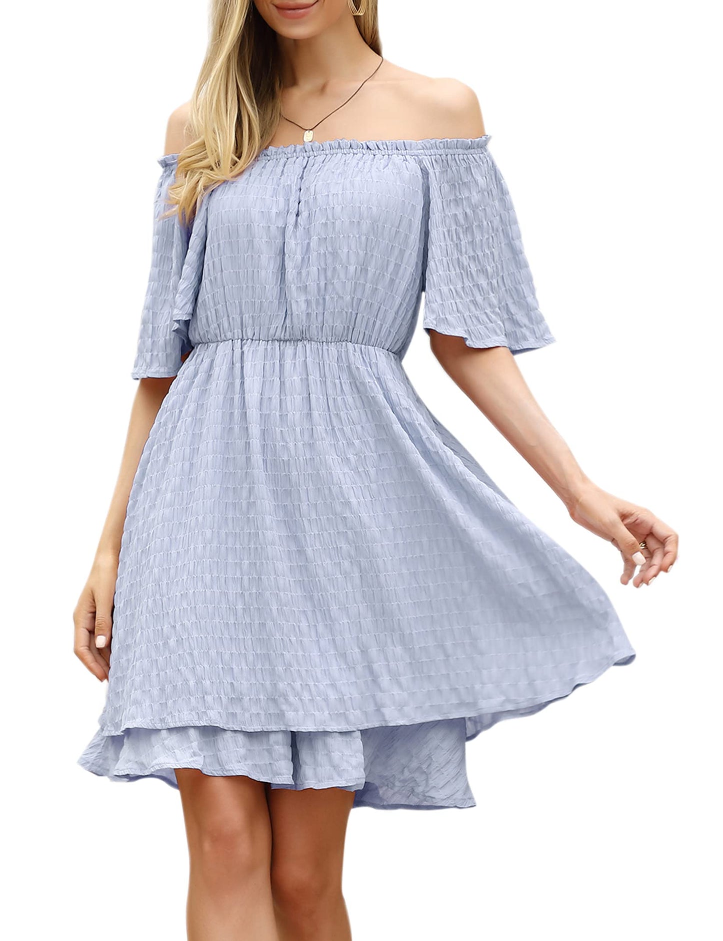 YESFASHION Mesh Fabric Off Shoulder Tunic Mini Dress Light Blue