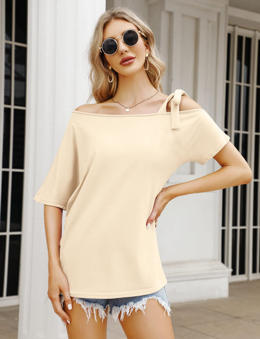 YESFASHION Women's Strapless Bow Tie Solid Color Casual T-Shirt Apricot