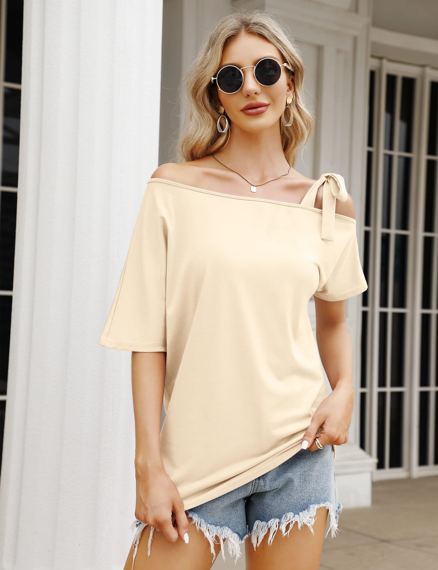 YESFASHION Women's Strapless Bow Tie Solid Color Casual T-Shirt Apricot