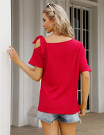 YESFASHION Women's Strapless Bow Tie Solid Color Casual T-Shirt Wine Red