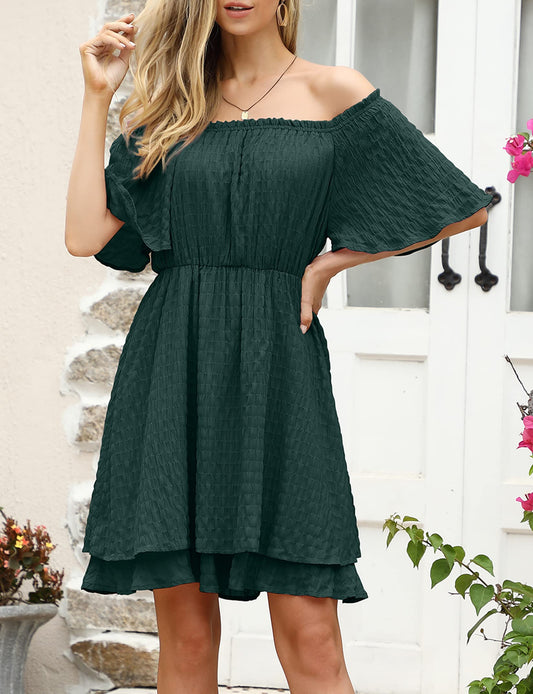 YESFASHION Mesh Fabric Off Shoulder Tunic Mini Dress Green